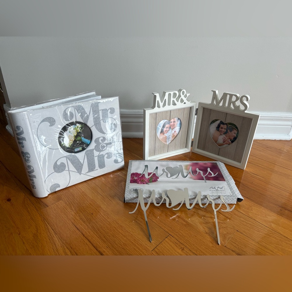 Mr & Mrs Wedding Photo Frame,Album Set - White and Mr & Mrs Cake Topper